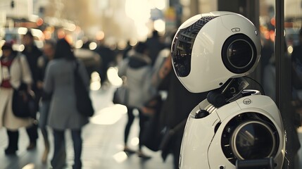 Humanoid Robot: A humanoid robot interacting with people in a busy urban environment, seamlessly blending in. 
