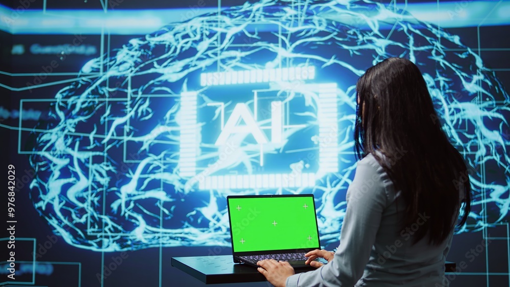 Poster it specialist using green screen laptop and ai technology for business data analysis in high tech se