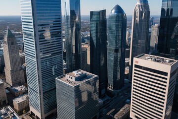 Sleek Urban Skyscrapers in a Tech-Savvy Metropolis: Aerial Perspective of Modern Financial Architecture