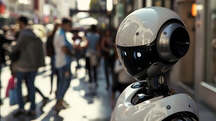 Fototapeta premium Humanoid Robot: A humanoid robot interacting with people in a busy urban environment, seamlessly blending in. 