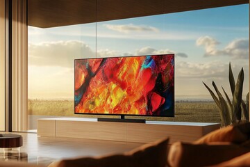 Modern living room with stylish television displaying vibrant colors, bright sunlight filtering through large windows.
