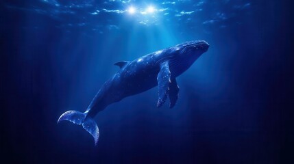 Fototapeta premium A majestic whale swims gracefully in deep blue ocean waters, illuminated by soft rays of sunlight filtering through the surface.