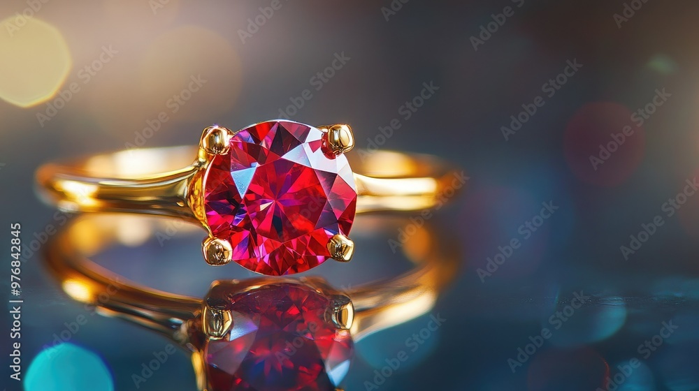 Poster a close-up of a gold ring with a large ruby centerpiece on a reflective surface, with space for bran