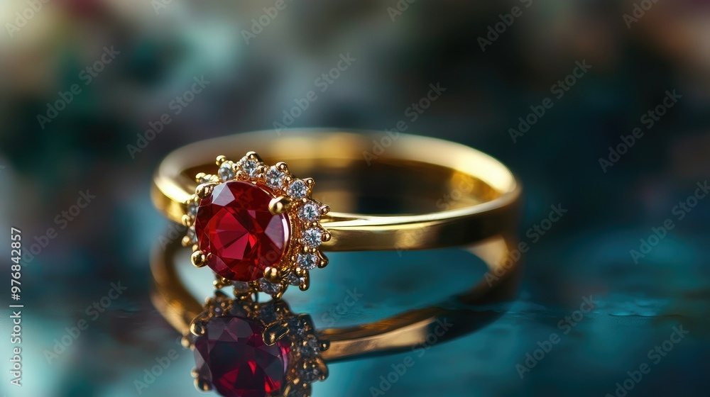 Poster a close-up of a gold ring with a large ruby centerpiece on a reflective surface, with space for bran