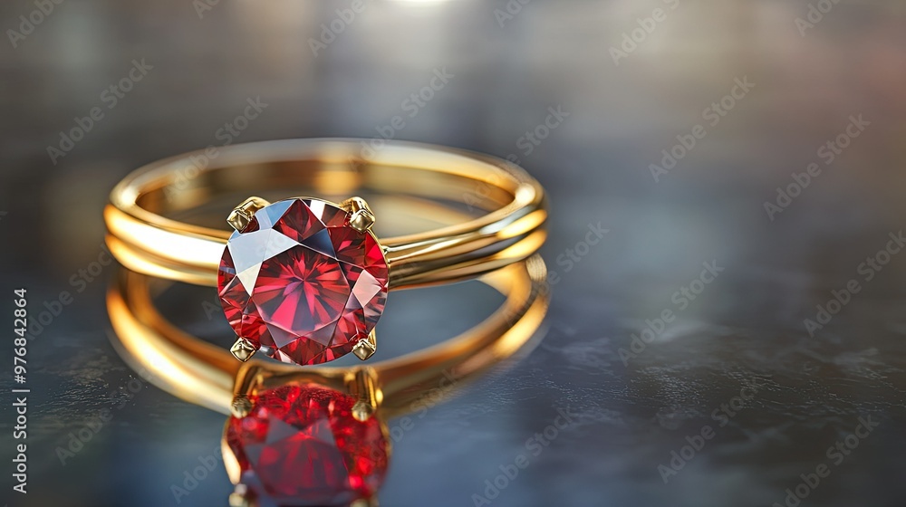 Poster a close-up of a gold ring with a large ruby centerpiece on a reflective surface, with space for bran