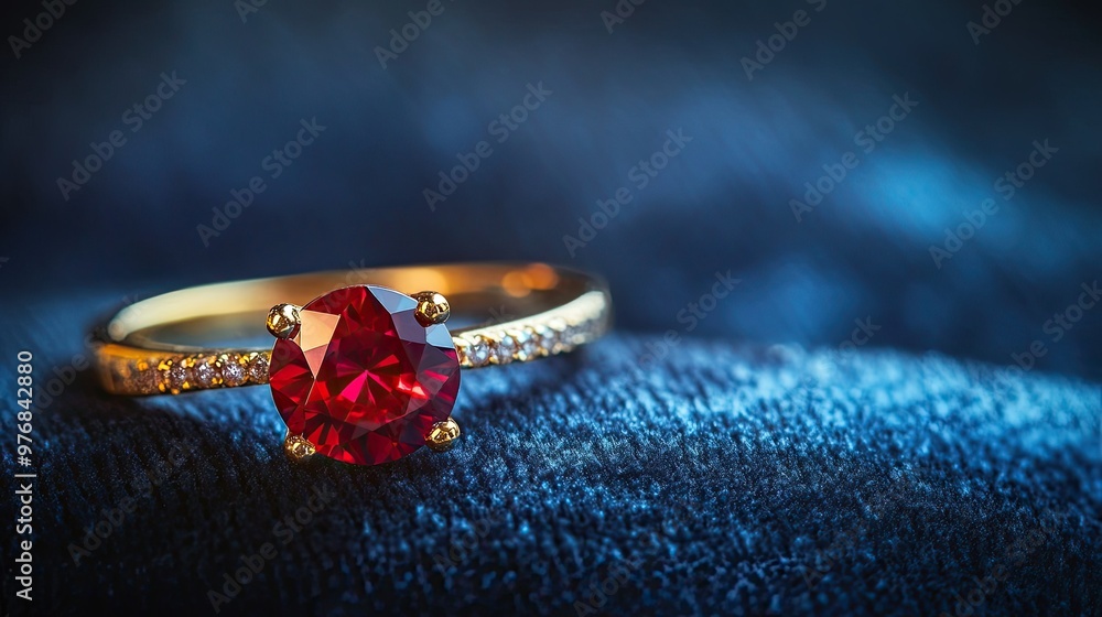 Poster a close-up of a ruby ring on a velvet surface with generous space for promotional text or branding.