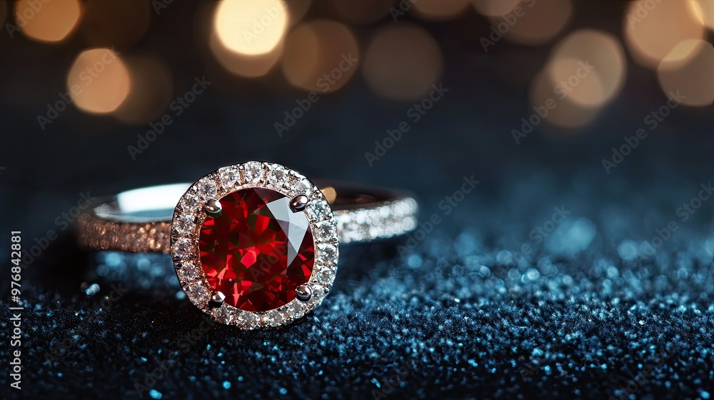 Poster a close-up of a ruby ring on a velvet surface with generous space for promotional text or branding.