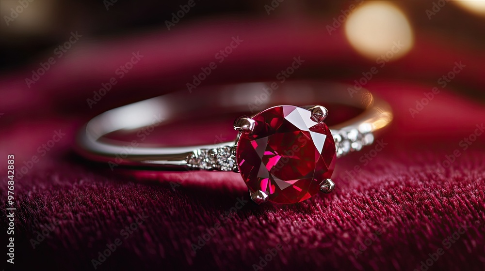 Poster a close-up of a ruby ring on a velvet surface with generous space for promotional text or branding.