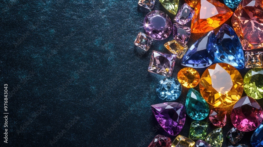 Poster a collection of sparkling gemstones in various shapes and colors, with empty space for marketing tex