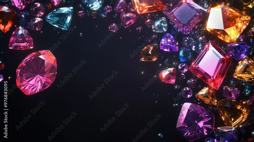 Poster a collection of sparkling gemstones in various shapes and colors, with empty space for marketing tex