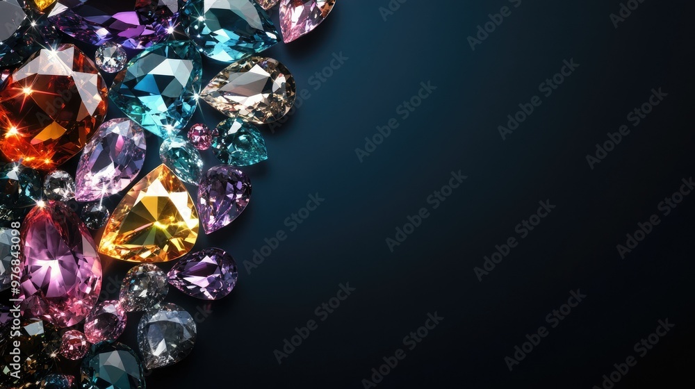Poster a collection of sparkling gemstones in various shapes and colors, with empty space for marketing tex