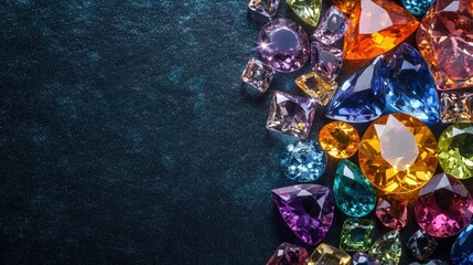 A collection of sparkling gemstones in various shapes and colors, with empty space for marketing text.