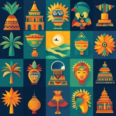 Colorful Geometric Pattern with Palm Trees  Buildings  and Masks