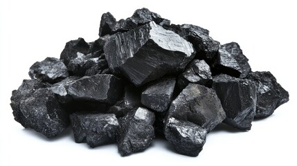 Obraz premium A pile of black coal pieces on a white background with plenty of space for energy industry messages