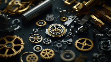 Obraz premium Intricate dismantled mechanical watch with detailed gears and springs on dark background, symbolizing precision and complexity in teardown analysis.
