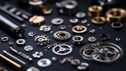 Intricate dismantled mechanical watch with detailed gears and springs on dark background, symbolizing precision and complexity in teardown analysis.