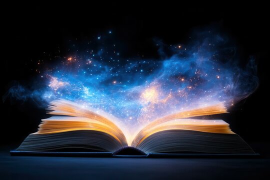 An open book releases a cosmic light, blending knowledge and imagination with a stunning galaxy effect in the background.