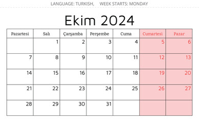 October 2024 TURKISH calendar - Ekim. Vector illustration. Monthly planning for business in Turkey