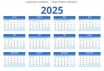 2025 year german calendar. Printable vector illustration Germany. Design in blue colors