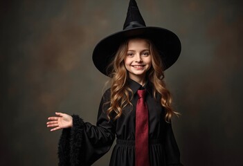 Fototapeta premium Cute girl dressed as a bewitching sorceress for spooky night
