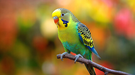 Fototapeta premium A parakeet perched on a branch with a colorful background.
