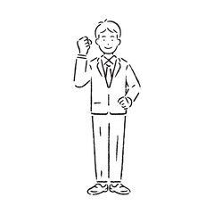 ガッツポーズをするスーツを着た男性_白黒