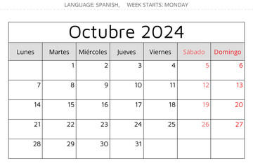 October 2024 SPANISH calendar - Octubre. Vector illustration. Monthly planning for business in Spain