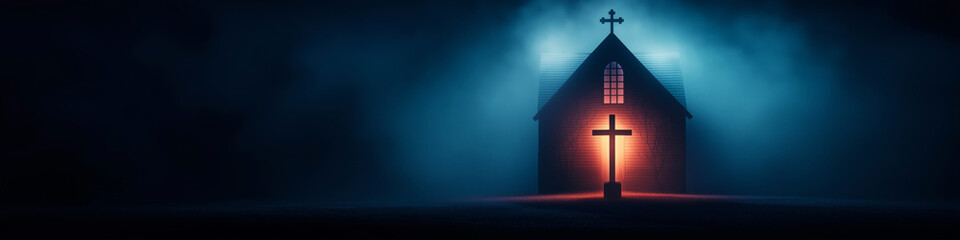 Naklejka premium Religious background. A Churche with cross and light coming from behind. Christianity concept