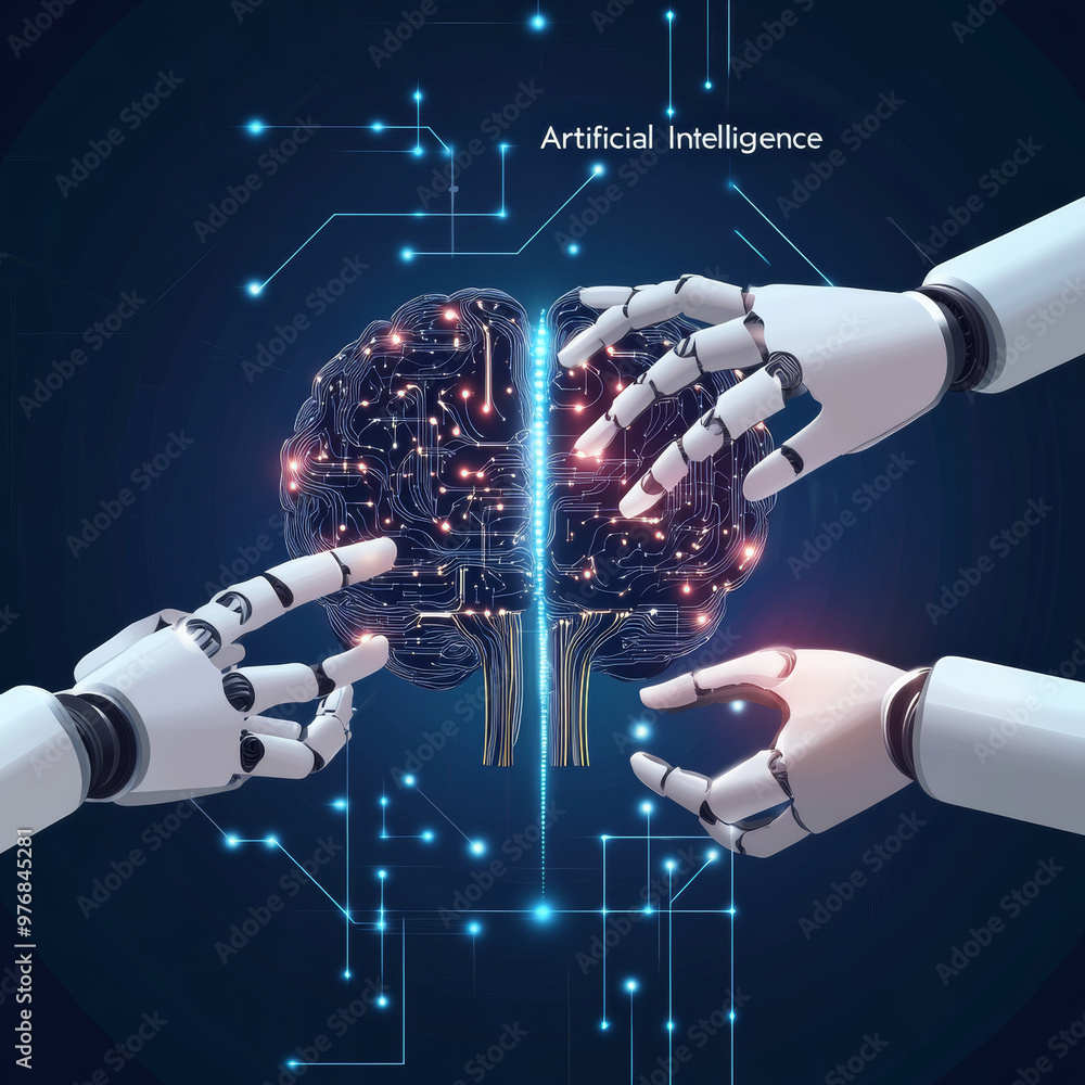 Poster brain and ai ('artificial intelligence') concept: a neural network with a robot's and a human's hand