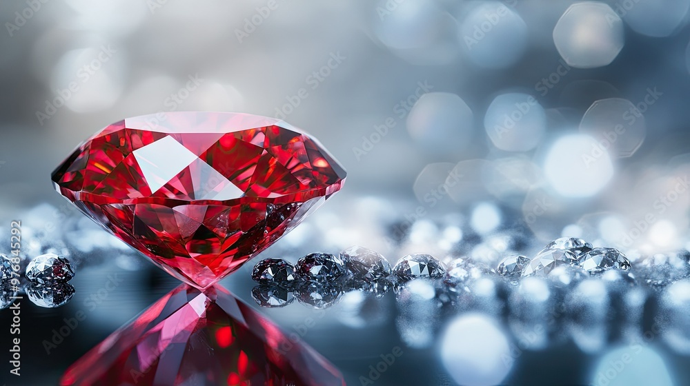 Poster close-up of a ruby surrounded by diamonds on a reflective surface with ample space for text.