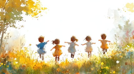 Children playing in a vibrant field during sunset, capturing joy and innocence with colorful dresses and a carefree spirit.