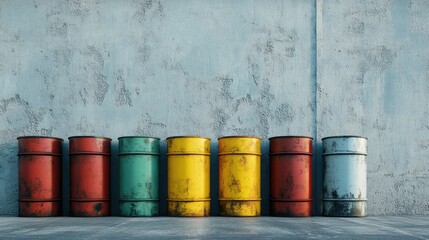 Barrels of mineral oil lined up on a concrete surface, with space for copy or promotional text.