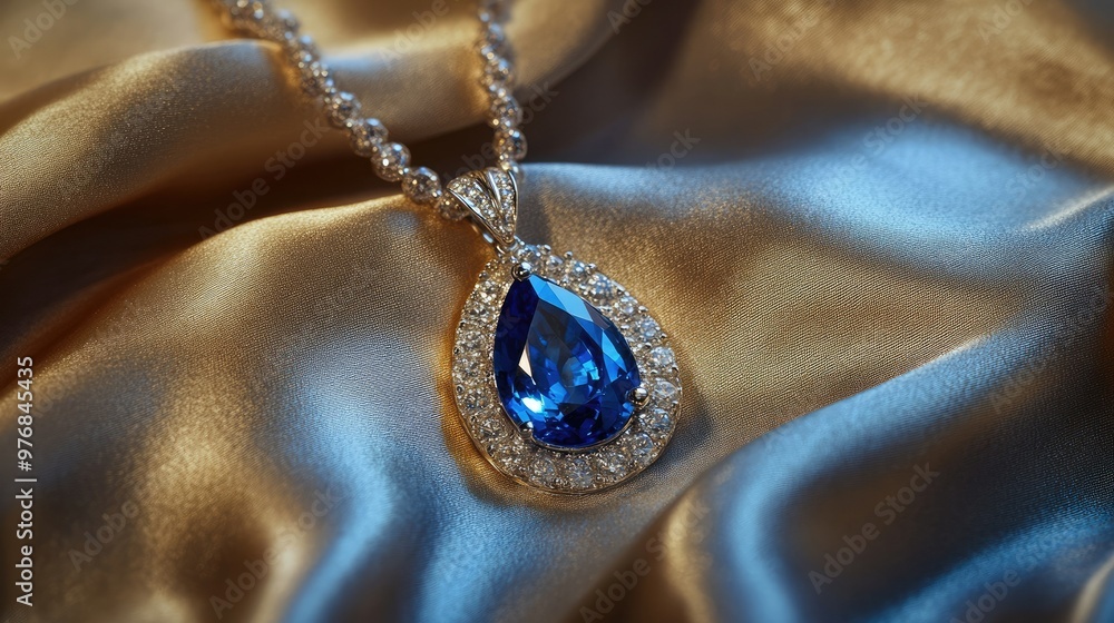 Poster close-up of an intricate sapphire pendant on a silk background with ample space for text.