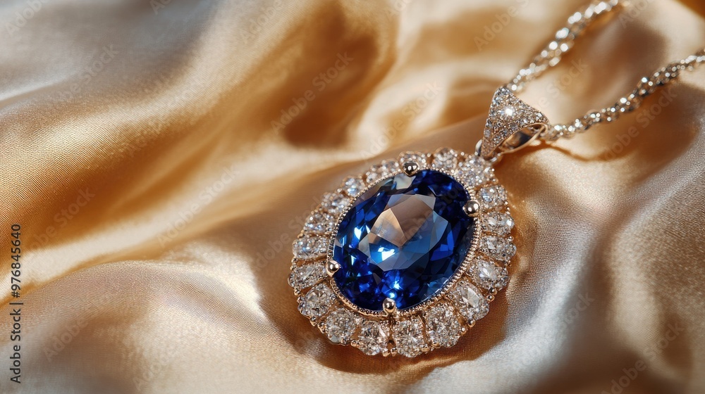 Poster close-up of an intricate sapphire pendant on a silk background with ample space for text.