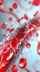 Close-up view of red blood cells flowing through a vessel, showcasing the intricate structures and vibrant colors of blood.