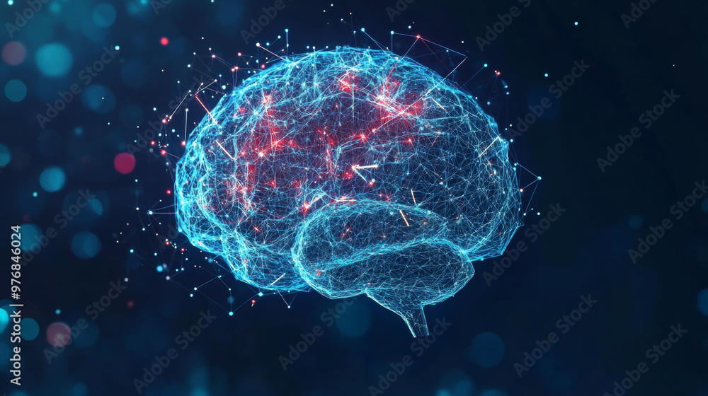 Poster abstract low-poly digital human brain. represents neural networks and iq testing, with artificial in