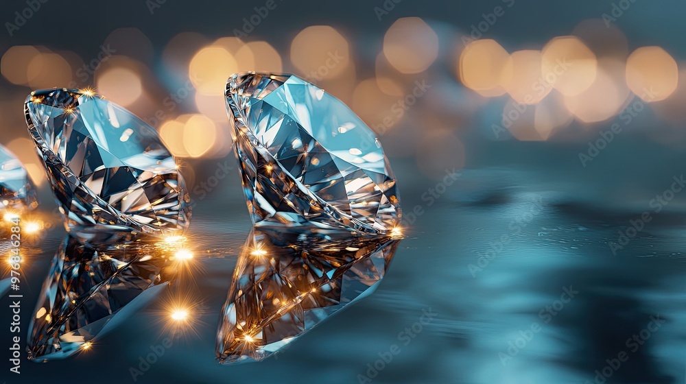 Poster close-up of sparkling diamonds on a reflective surface with ample copy space for branding or luxury 