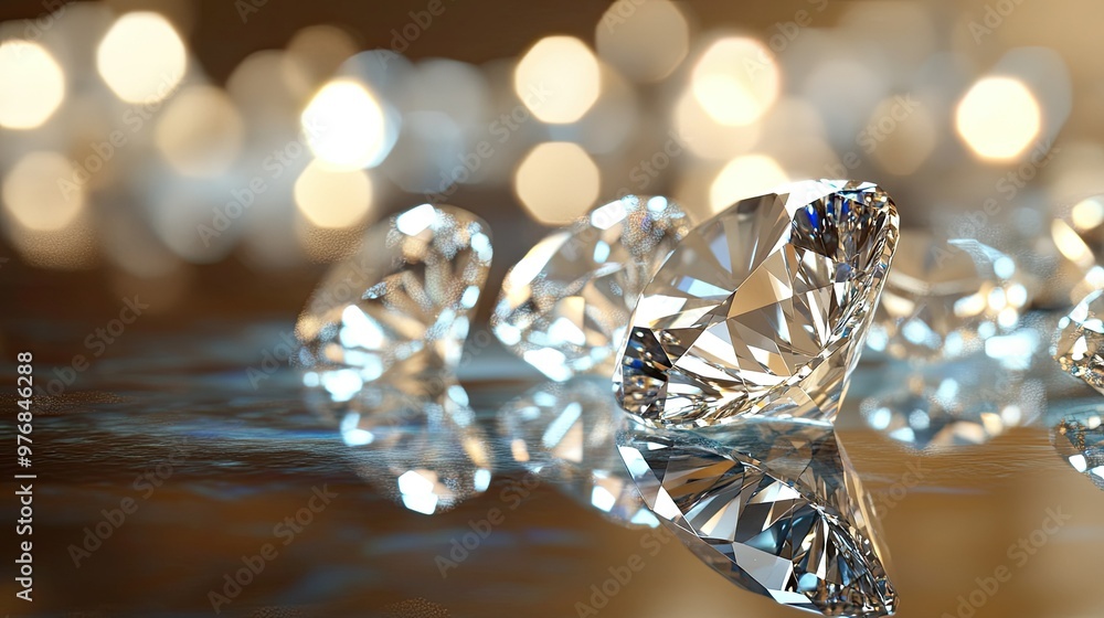 Poster close-up of sparkling diamonds on a reflective surface with ample copy space for branding or luxury 