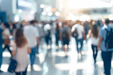 Background of an expo or convention with blurred individuals in an exposition hall. Concept image for a international exhibition, conference center, corporate marketing, or event fair 