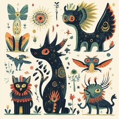 Obraz premium Fantasy Creatures Illustration Set Cute Mythical Animals Colorful Design Digital Art