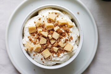 A photo of homemade cottage cheese with pieces of shortbread cookies
