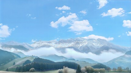 Fototapeta premium Snow-Capped Mountain Range with Trees and Clouds Under Blue Sky