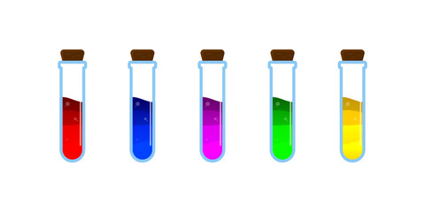 Set of glass bottles. Different color potion flat style on white background. Vector illustration. Design elements for game collection.