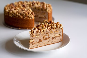 a walnut cake on a white plate