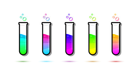 Set of glass bottles. Different color potion flat style on white background. Vector illustration. Design elements for game collection.