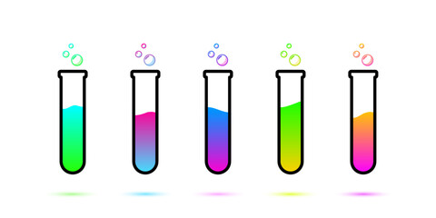 Set of glass bottles. Different color potion flat style on white background. Vector illustration. Design elements for game collection.