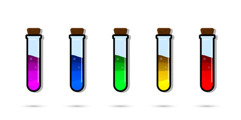 Set of glass bottles. Different color potion flat style on white background. Vector illustration. Design elements for game collection.