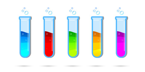 Set of glass bottles. Different color potion flat style on white background. Vector illustration. Design elements for game collection.