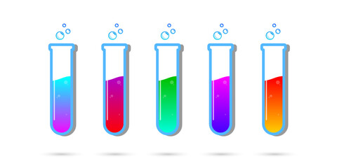 Set of glass bottles. Different color potion flat style on white background. Vector illustration. Design elements for game collection.