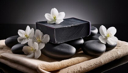 Charcoal soap bar displayed with white flowers and smooth black spa stones on a textured towel, creating a serene spa setting.